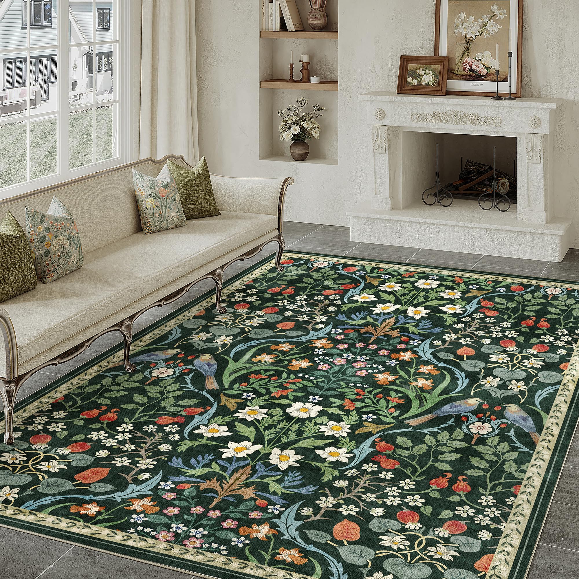 PureCozy Tapis Salon 200x300cm Lavable Motif Floral Poils Courts Antidérapant Doux Boho Vintage Grand Tapis pour Chambre Salle À Manger Bedroom Living Room, Vert