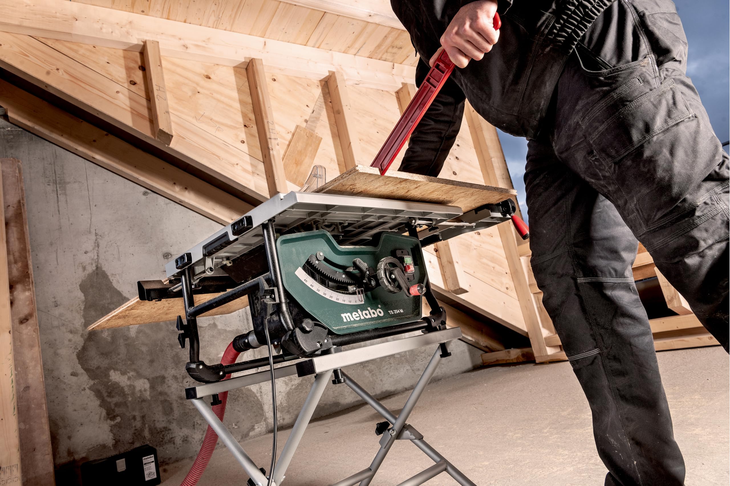 metabo Tischkreissäge TS 254 M, Mobile Kreissäge mit Ø 254 mm Sägeblatt | Kompakte Montagesäge mit 1500 W, Parallelanschlag, Winkelanschlag, Schiebestock, Tischverbreiterung und Sanftanlauf