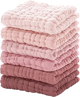 Muslin Baby Washcloths 6 Pack, 100% Cotton Baby Wash Cloths for Baby Face Body, 12x12 inches Large Soft Absorbent Face Towels for Newborns Gradient Pink
