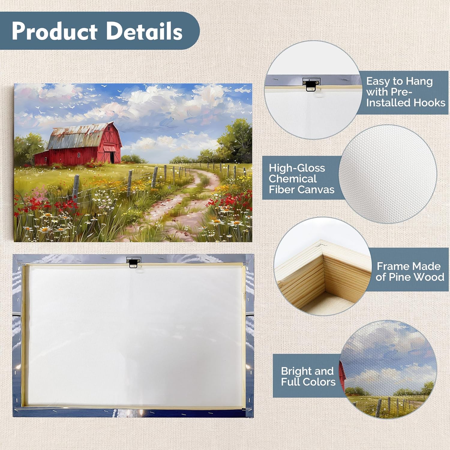 Red Barn Pictures Wall Art - Farmhouse Wall Decor, Country Road Wildflowers Canvas Art Framed for Bedroom Decor, Rustic Flower Painting Print, Modern Barn Landscape Artwork for Wall Decor 18x12 Inch