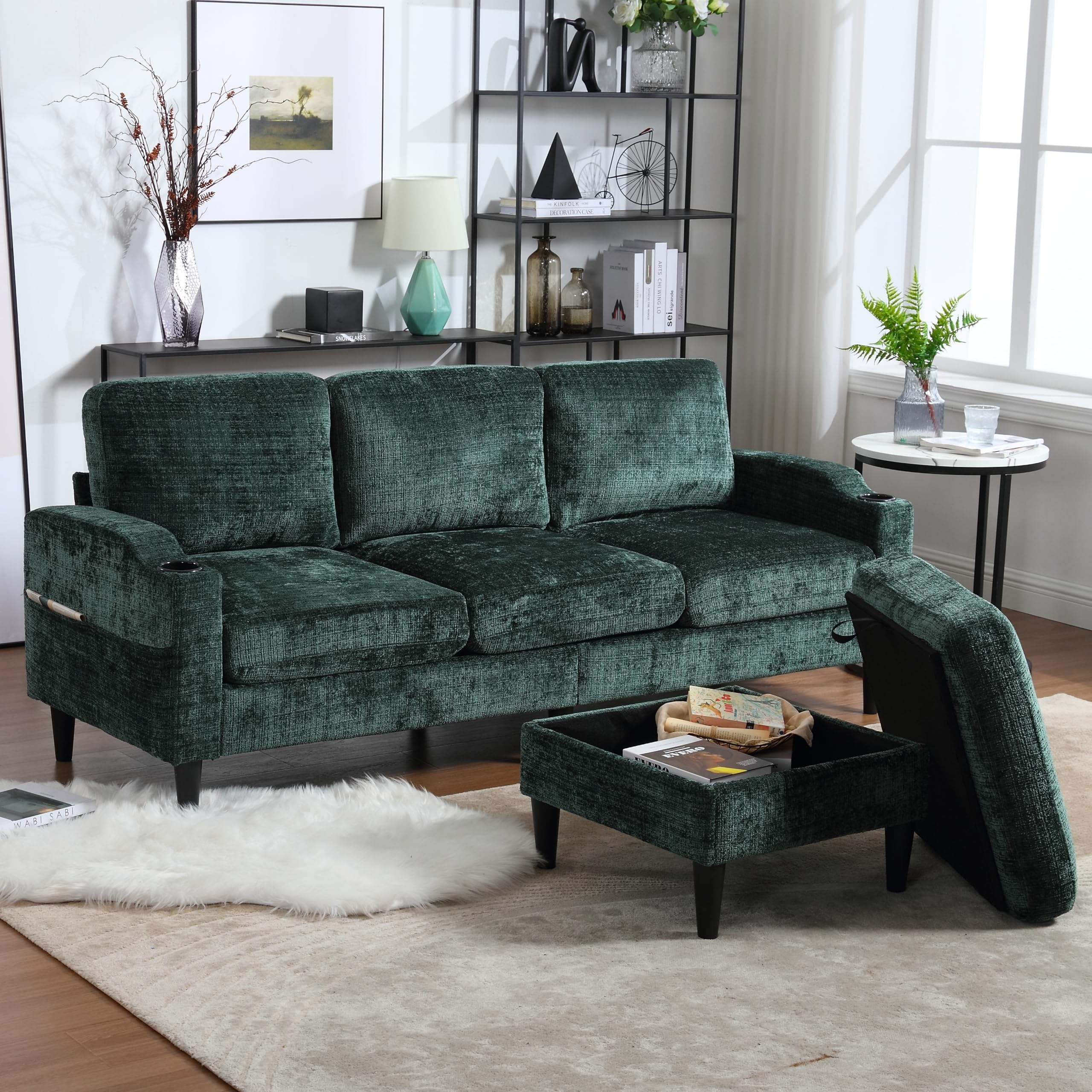 Chenille L Shaped Sectional Sofa Couch, 3 Seat Sofa with Storage Ottoman and 2 Cup Holders, 77" Modern Deep Seat Couch for Living Room Apartment, Emerald Green
