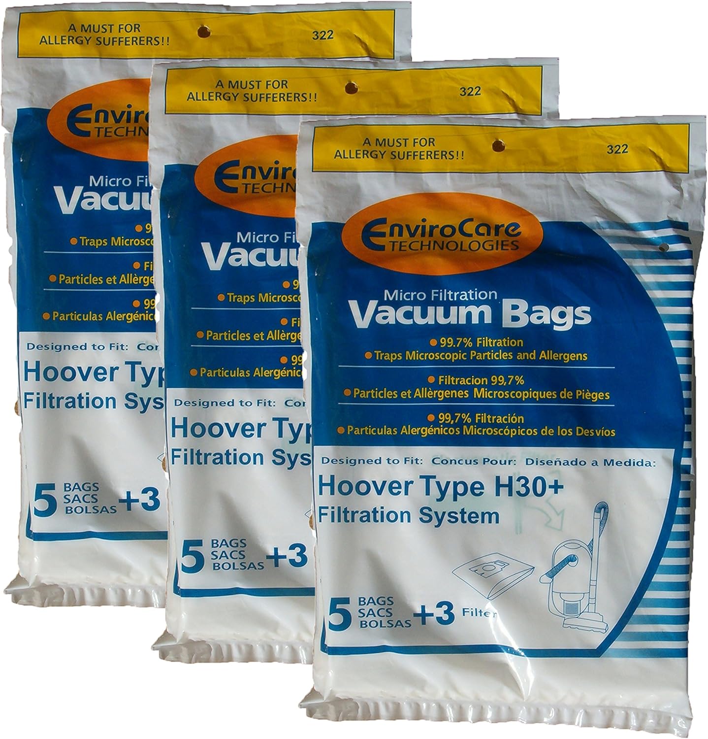 15 Hoover Telios, Arianne H30+ Allergy Vacuum Bags + Filters, Portable Canister, Runabout Vacuum Cleaners, 40101001, 09169855, S3330, S3332,S3320, S3420