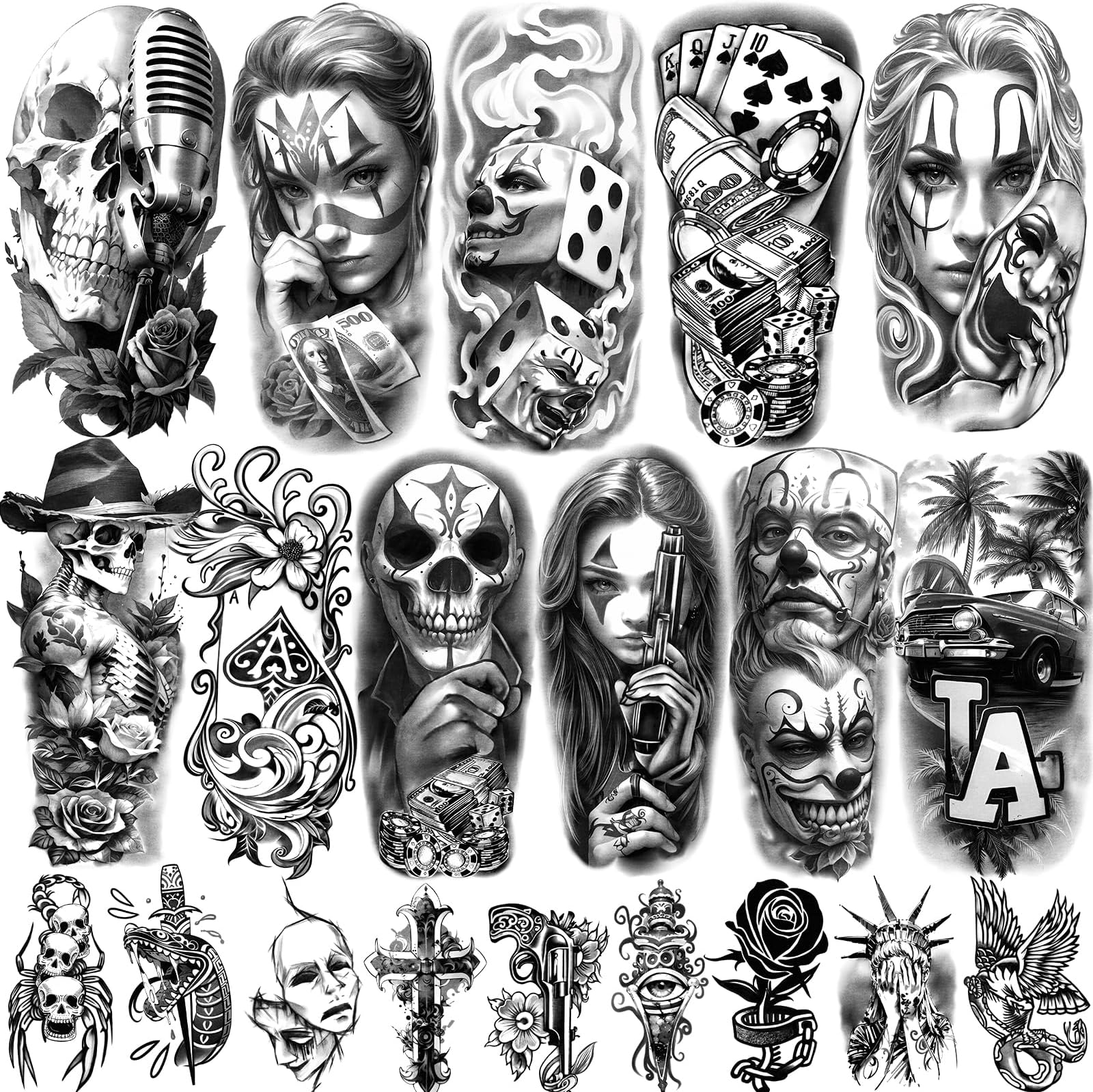 – 77 Sheets Temporary Tattoos, Chicano Large Fake Tattoos Chicano Guadalupe Gangster Prisoner Day of the Dead, Lowrider Style Culture Mexico Clown Fake Tattoo Stickers for Men Women Adults