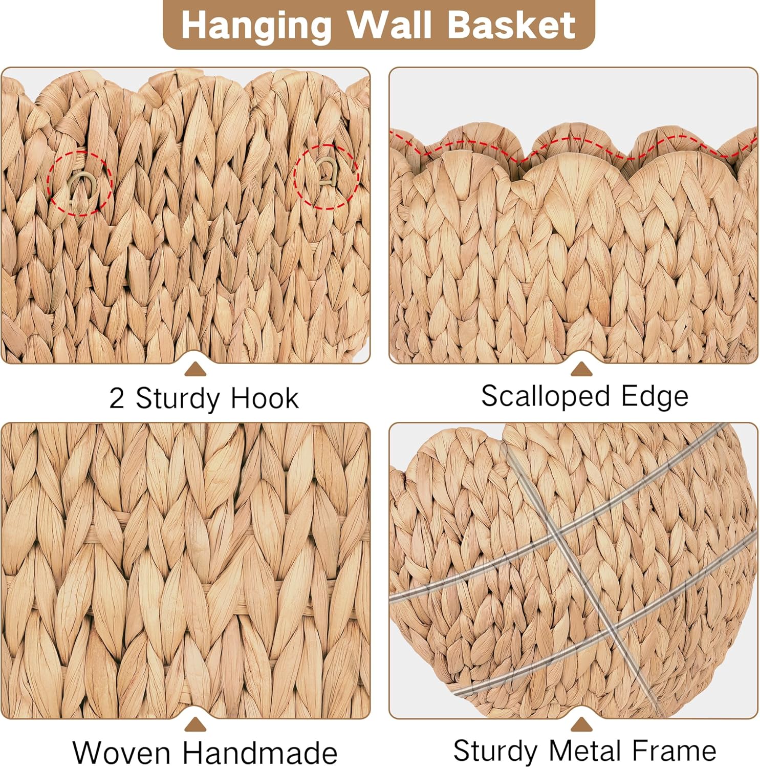 iEGrow Wicker Wall Basket, Scalloped Wall Basket Natural Water Hyacinth, Hanging Baskets for Organizing and Decor, Woven Storage Baskets for Door Mounted Entryway Flower Mail Plant Nursery