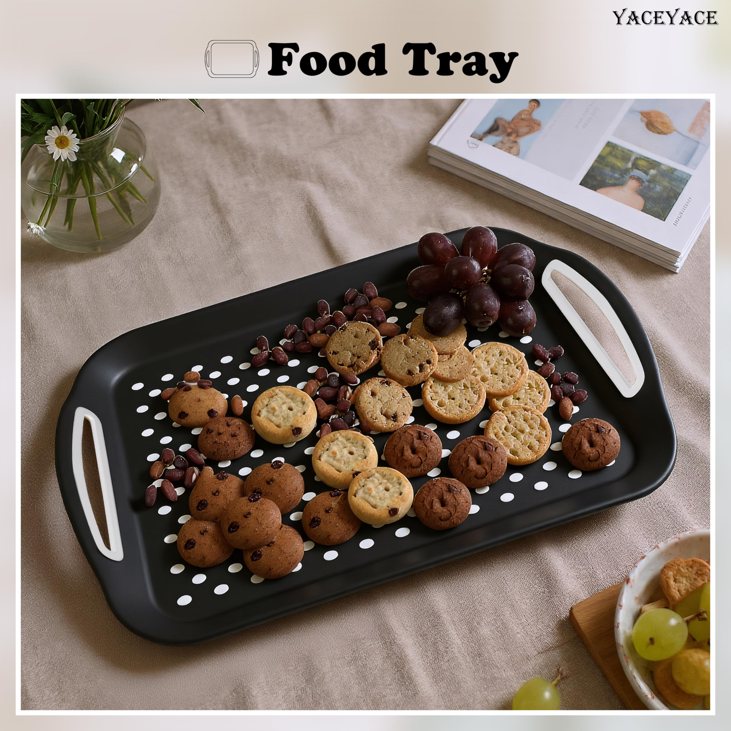 Paquete de 2 bandejas negras para servir – Bandejas antideslizantes para alimentos con puntos antideslizantes para servir fácilmente frutas drin postres y aire acondicionado – perfecto para fiestas y