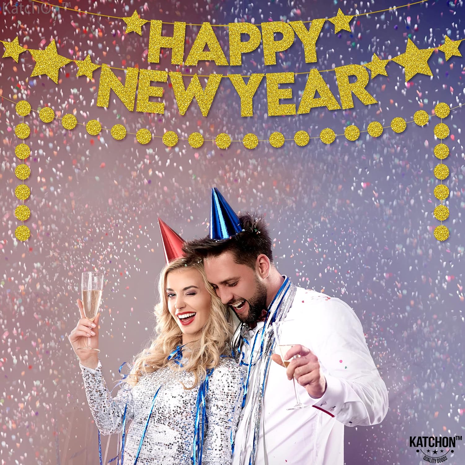 KatchOn Gold Happy New Year Banner - Pre-Strung | 10 Feet Banner, 13 Feet Garland | Sign, Eve Party Supplies 2025 | Decorations