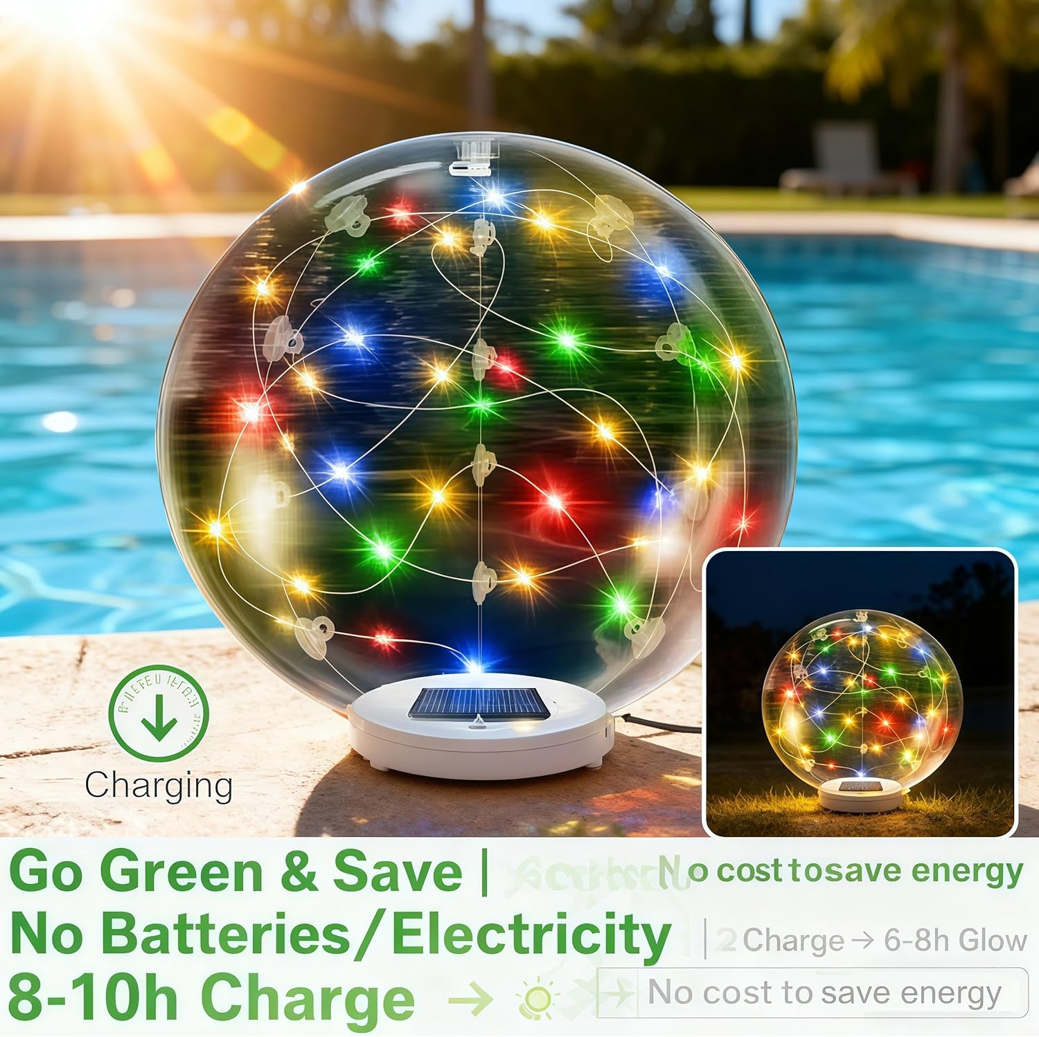 Floating Pool Lights Solar Powered - 14" Inflatable Waterproof Floating Pool Balls Light that Float for Party, Outdoor Pond/Patio Decorations (RGB, 2 Pack)