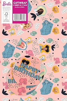 Barbie Wrapping Paper, Barbie Gift Wrapping, 2 Sheets 2 Tags Barbie