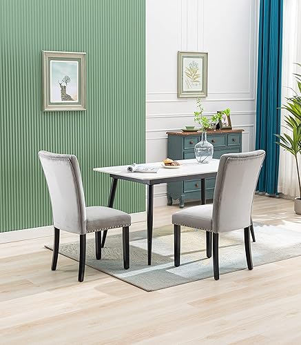 Miniatura 7 de Restworld Juego de 2 sillas de comedor de tela de terciopelo con decoración de botón y cabeza de clavos, silla tapizada copetuda para dormitorio y