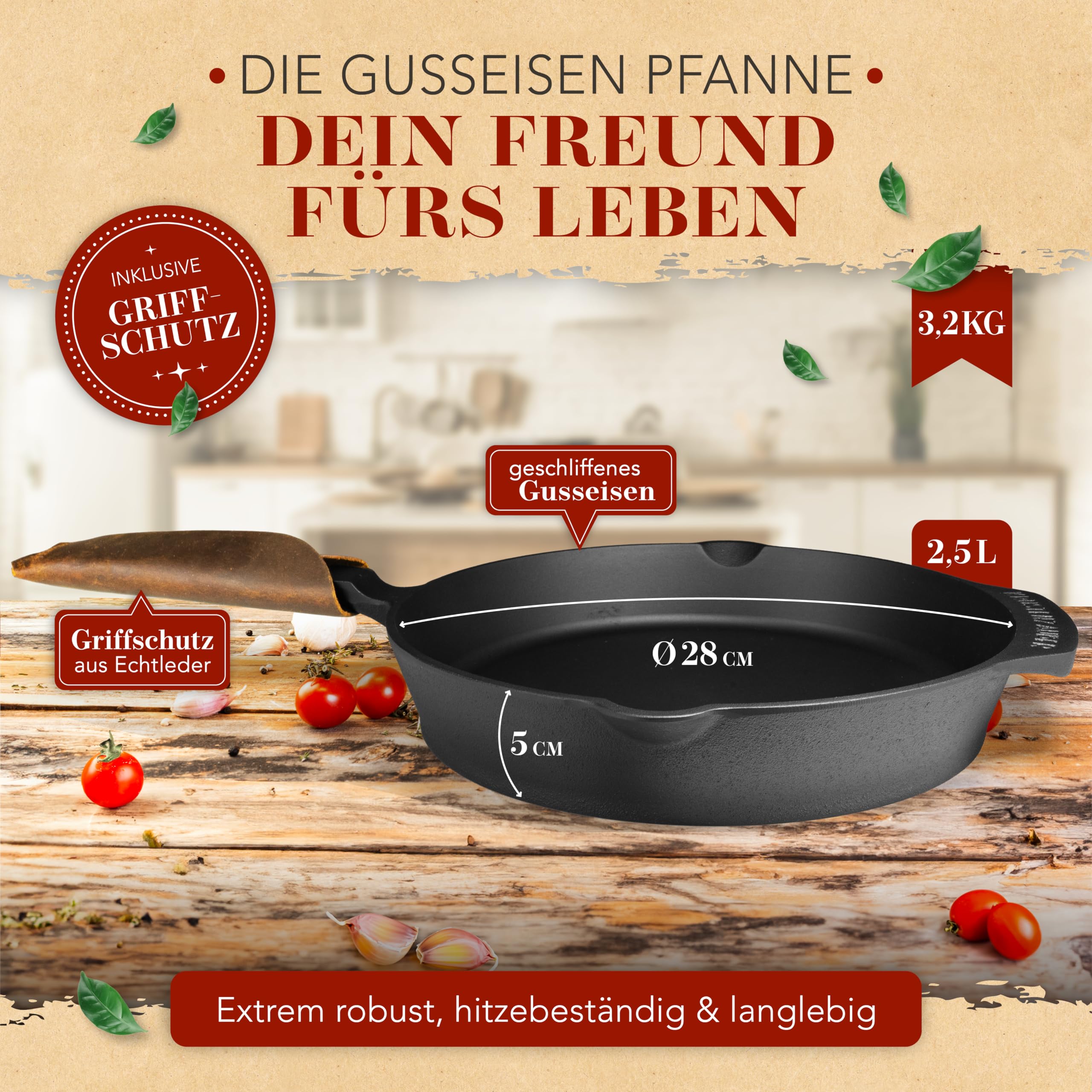 KRUSTENZAUBER Gusseisenpfanne Induktion 28cm inkl. Anleitung und Rezeptbuch - Geschliffene Pfanne Gusseisen, Eisenpfanne, Cast Iron Pan, Gusspfanne, Gusseiserne Pfanne, Gusseisen-Pfanne, Gusspfanne