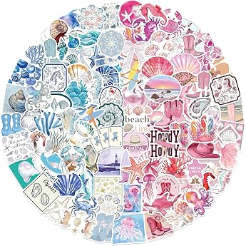 Blue & Pink Coastal Stickers 100 Pack - Beach Summer Ocean Theme Waterproof Vinyl Stickers for Girls Teens Water Bottles Laptops Luggage Skateboards