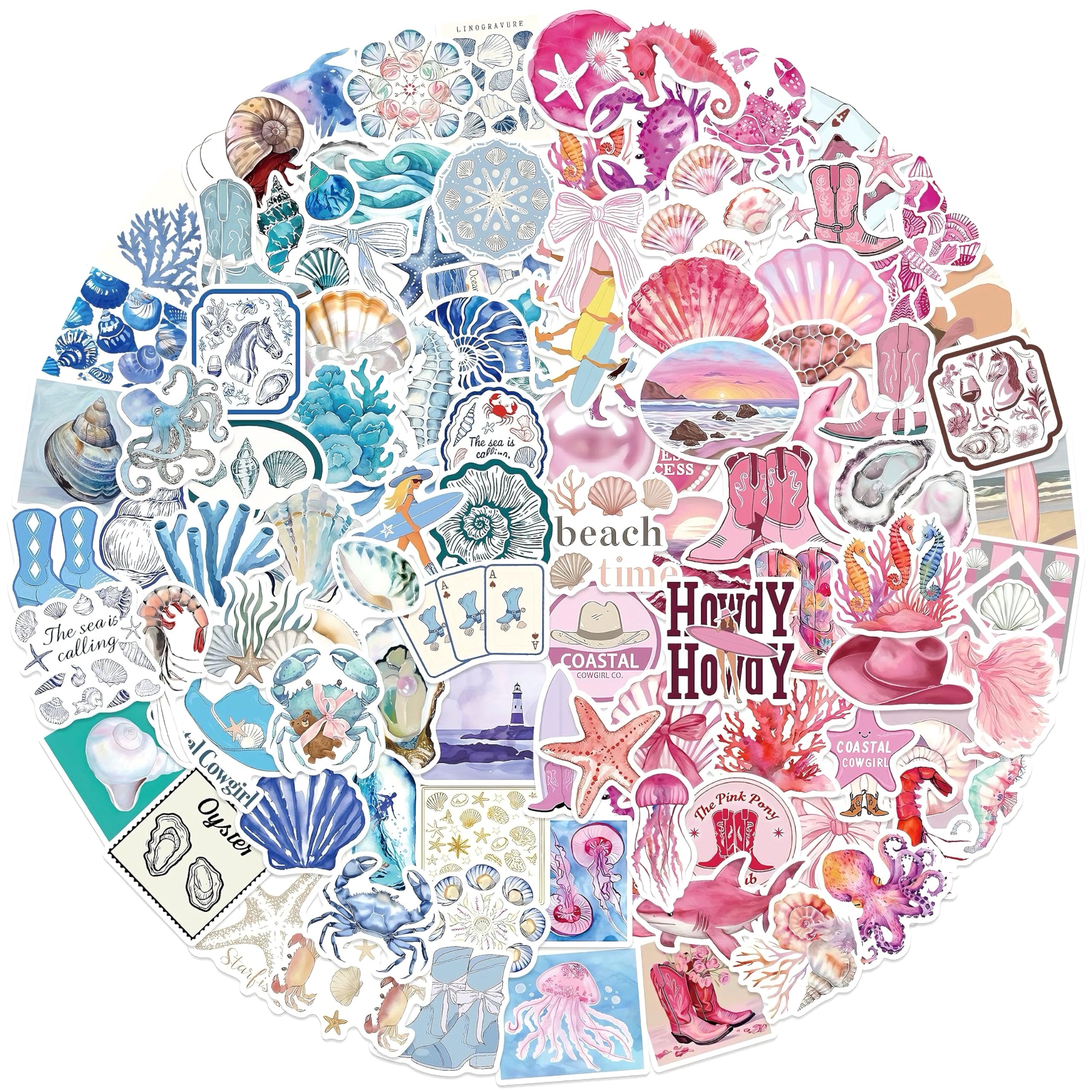 Blue & Pink Coastal Stickers 100 Pack, Beachy Summer Ocean Theme Waterproof Vinyl Decals for Girls Teens Water Bottles