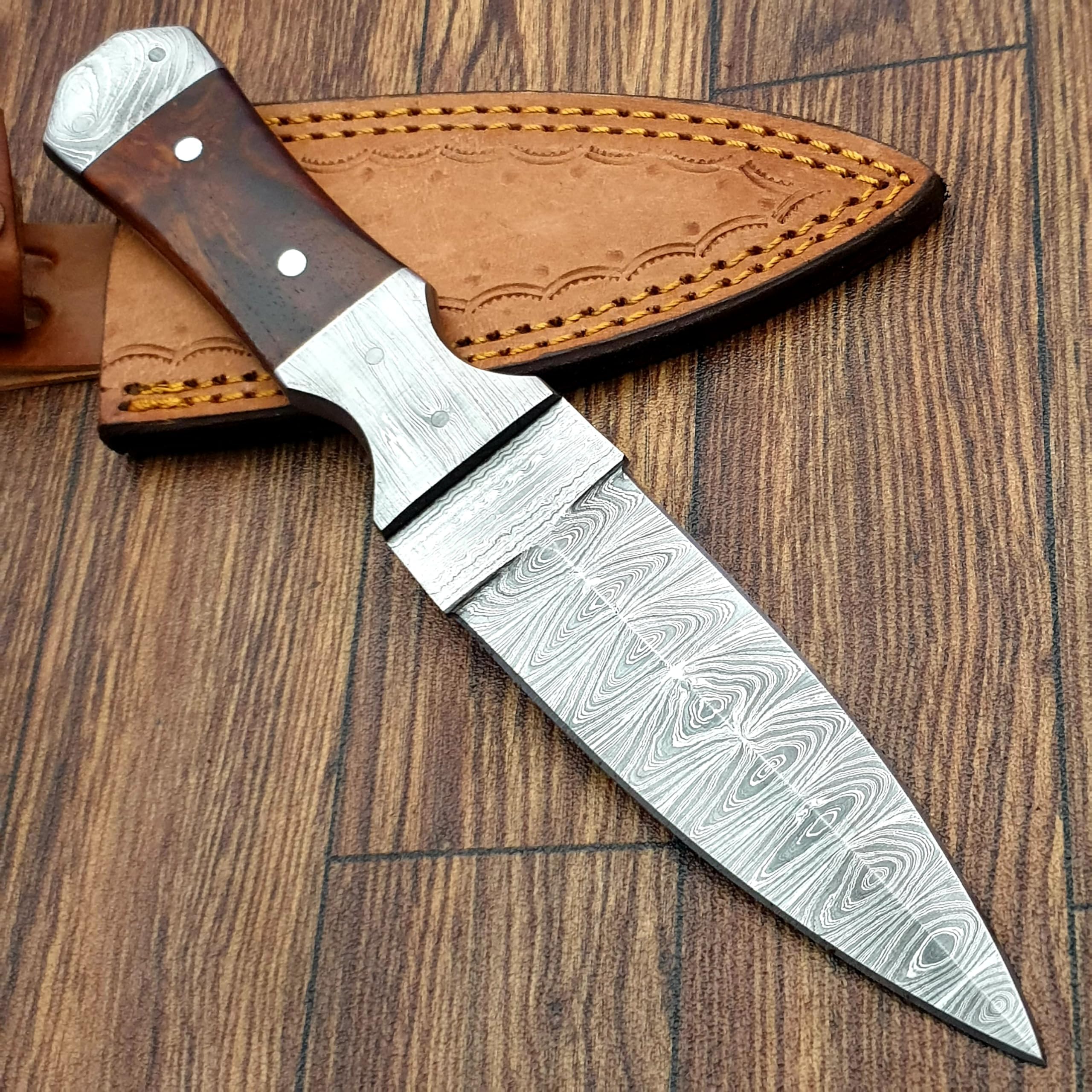 TZ KNIVES BZ-63 Custom Handmade Damascus Bush Craft Knife Combination Of Bone & Walnut Wood.