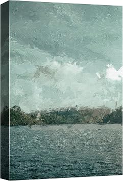 SIGNFORD Canvas Print Wall Art Green Abstract Lake Horizon Geometric Wilderness Illustrations Modern Art Minimalist Landscape Relax/Calm Multicolor for Living Room, Bedroom, Office - 16"x24"