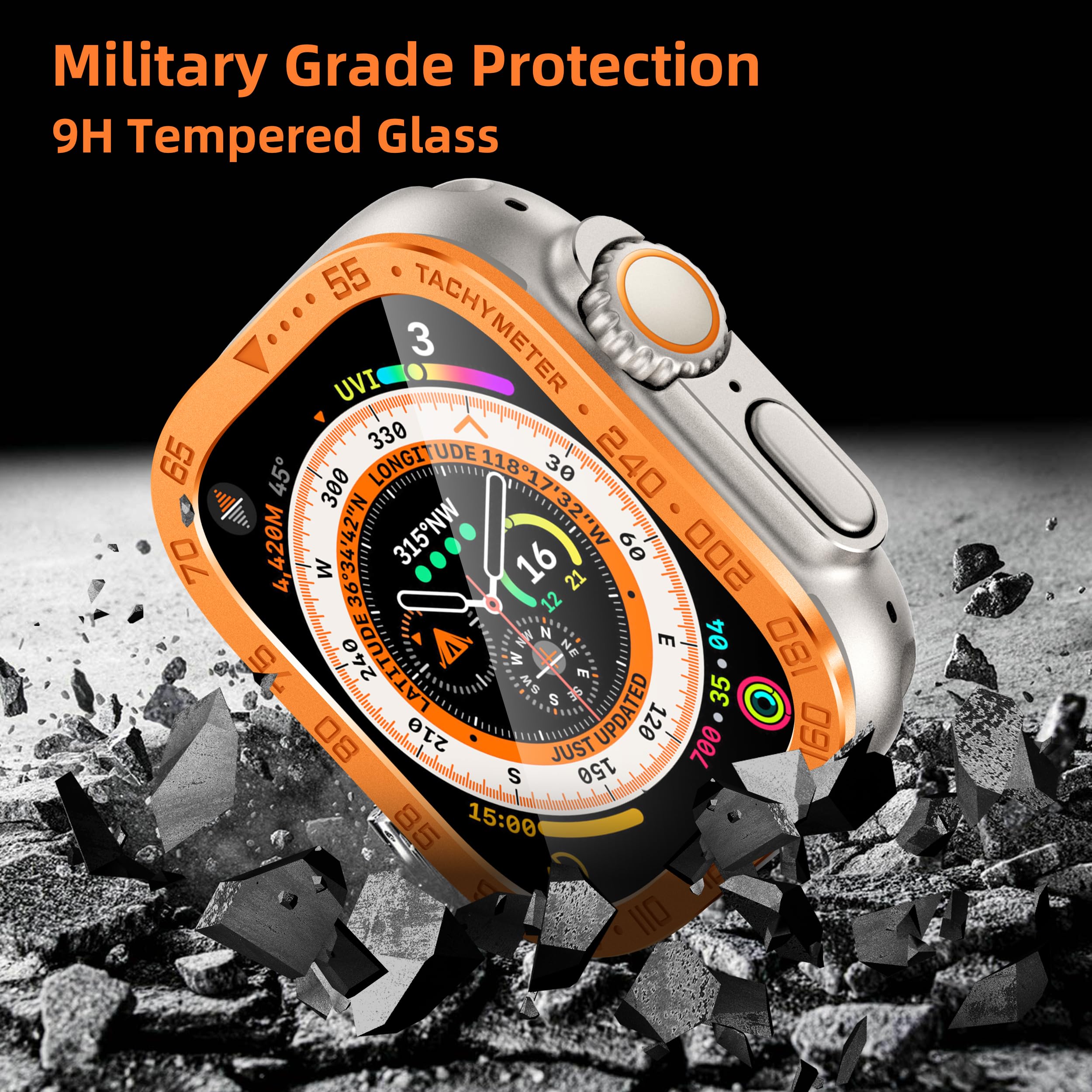 SWUU 2 Pack Panzerglas Schutzfolie mit Rahmen aus Titanlegierung, kompatibel mit Apple Watch Ultra 3 / Ultra 2 / Ultra Displayschutzfolie 49 mm, wasserdichte HD-Folie für iWatch Ultra S3, Orange