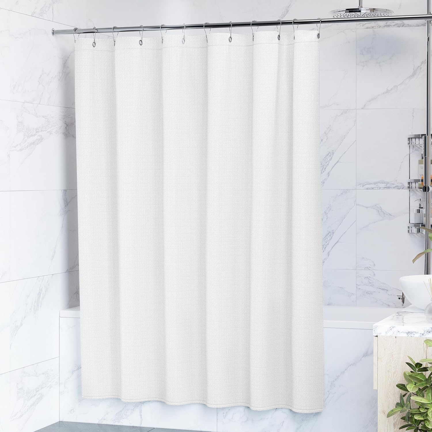 AmazerBat...Shower Curtain White - Hotel Style Shower Curtains for Bathroom with Waffle Design, 54x78 Inches - White Fabric Shower Curtain - Cortinas de Baño Elegantes