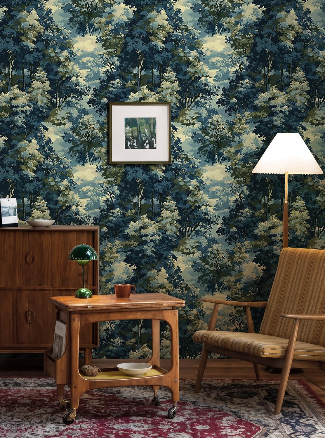 Forest Peel and Stick Wallpaper Blue and Green Contact Paper Tree Wall Paper Woodland Botanical Wallpapers Self-Adhesive Removable Waterproof for Bedroom Bathroom Cabinet Vinyl 17.3" x 197"