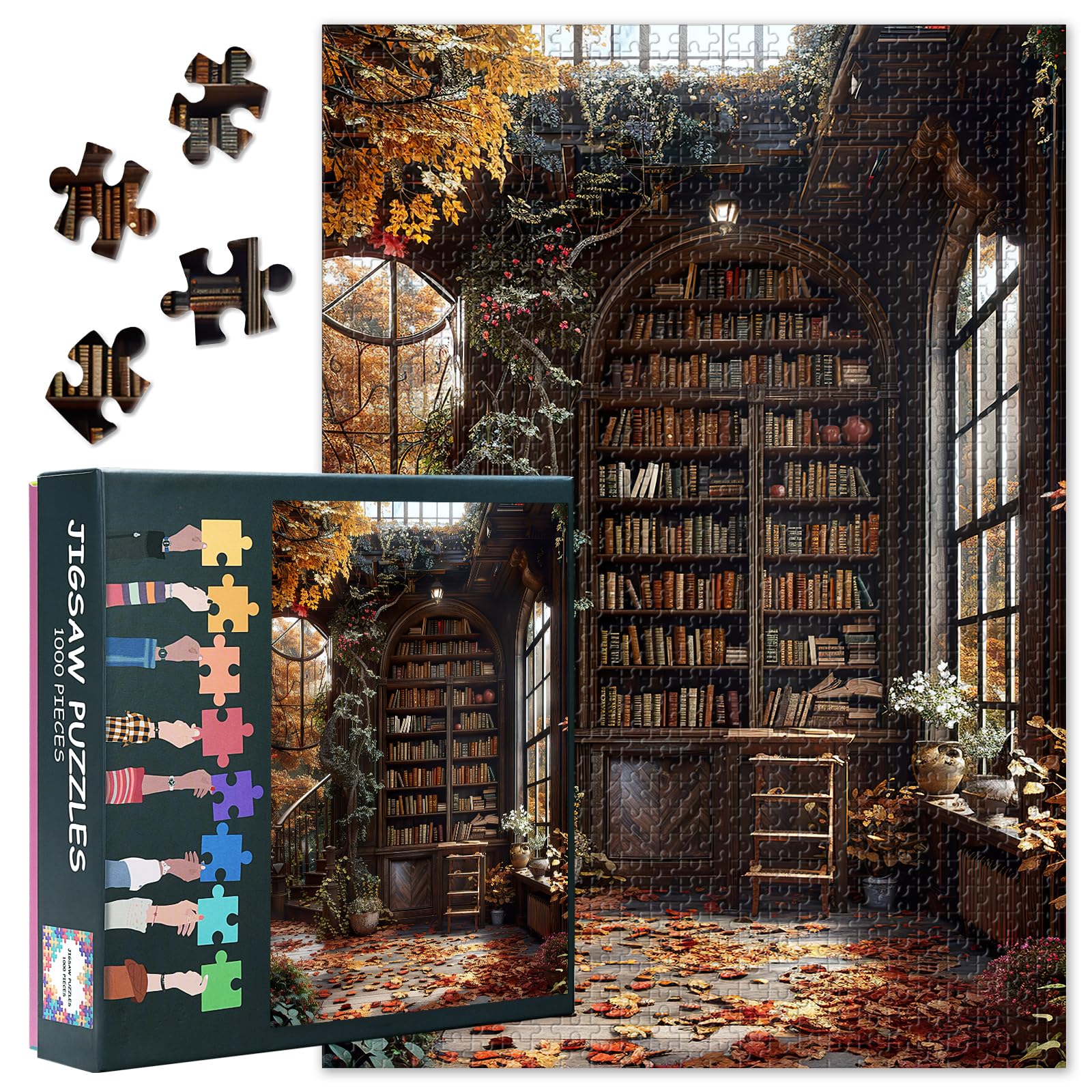 Enchanted Library Adult Puzzle Set – 1000 Pieces Ideal for Coffee Table, Dining Room or Puzzle Table – Bookshelf with Autumn Leaves and Sunlight 50x70cm When Complete — image 1