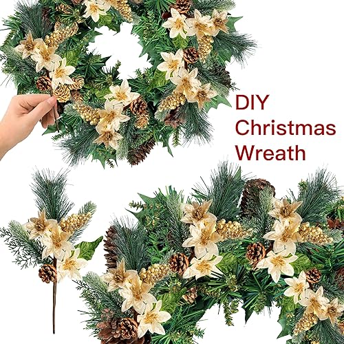 Miniatura 3 de Sggvecsy Paquete de 6 selecciones artificiales de Pascua de Navidad, bayas sintéticas, tallos de pino, ramas de pino de bayas con conos de pino,