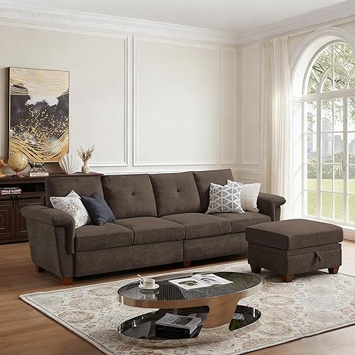 Miniatura 9 de Sofá modular de 108 pulgadas, sofá convertible en forma de L con otomana y gran almacenamiento, sofá modular de 4 asientos con soporte para tazas,