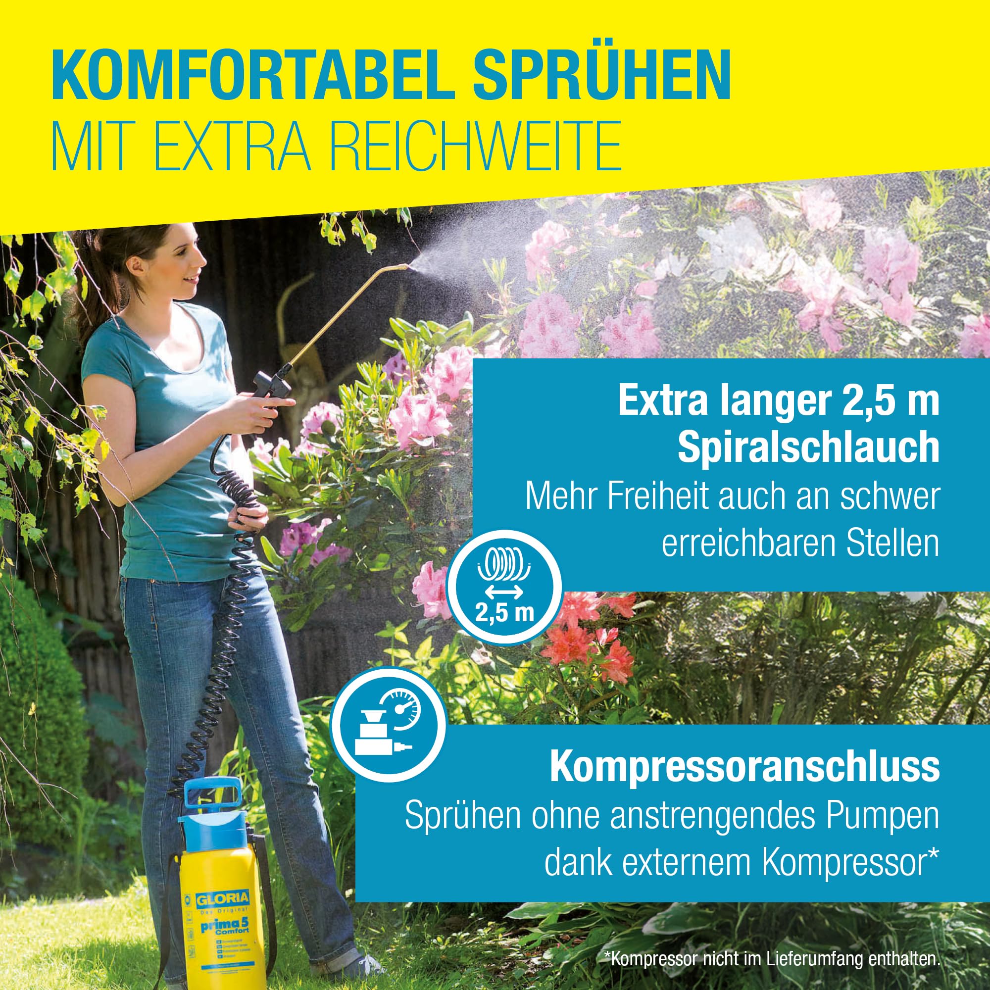 GLORIA Drucksprüher prima 5 Comfort | 5 L Gartenspritze mit Spiralschlauch & Kompressoranschluss | Komfort Drucksprühgerät für Pflanzenschutz, Gartenpflege, Düngung & Unkrautbekämpfung