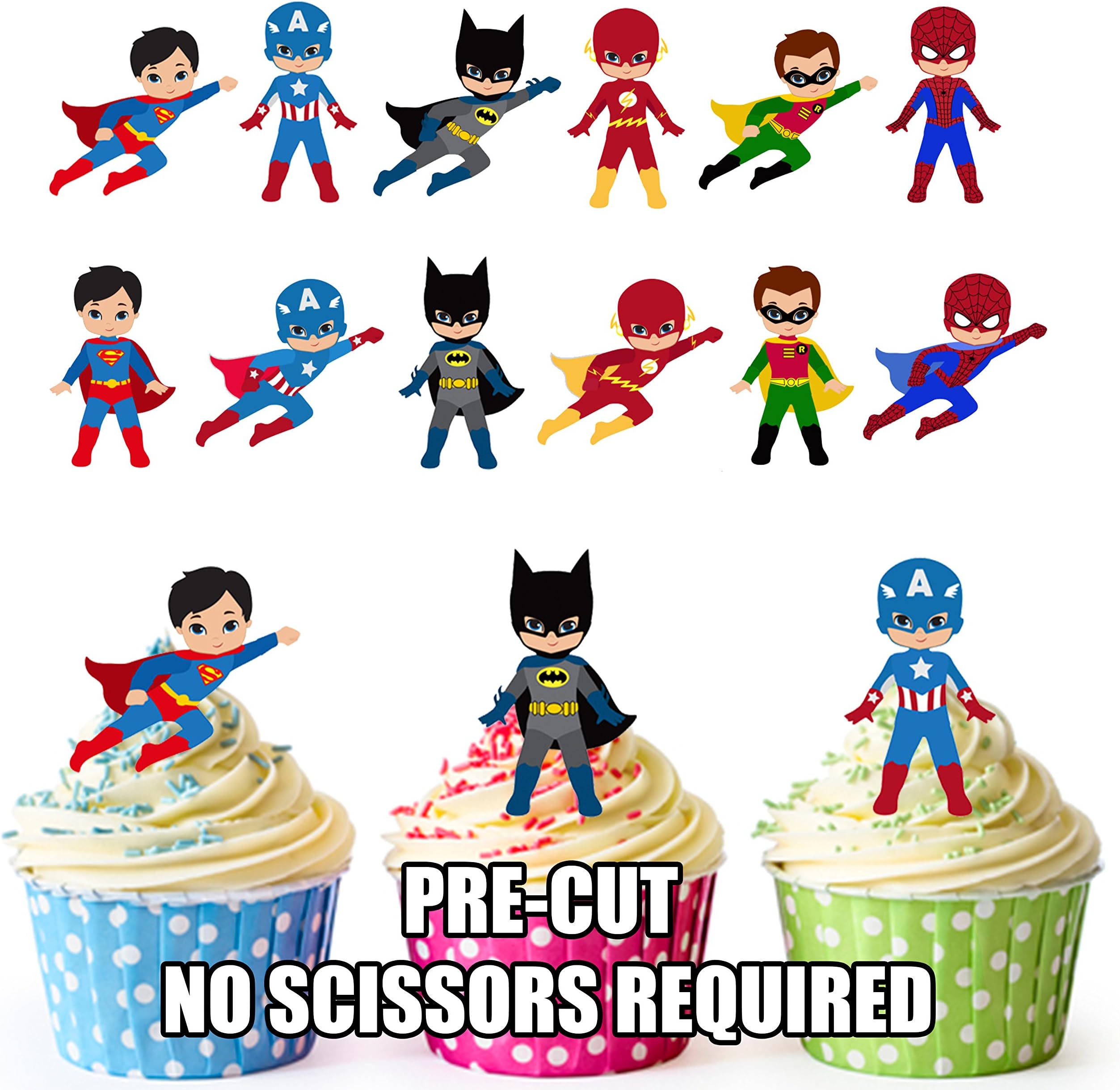 PRE-CUT Superhero/Super hero Squad Party Pack - Edible Cup Cake Toppers Decorations (Pack of 36)
