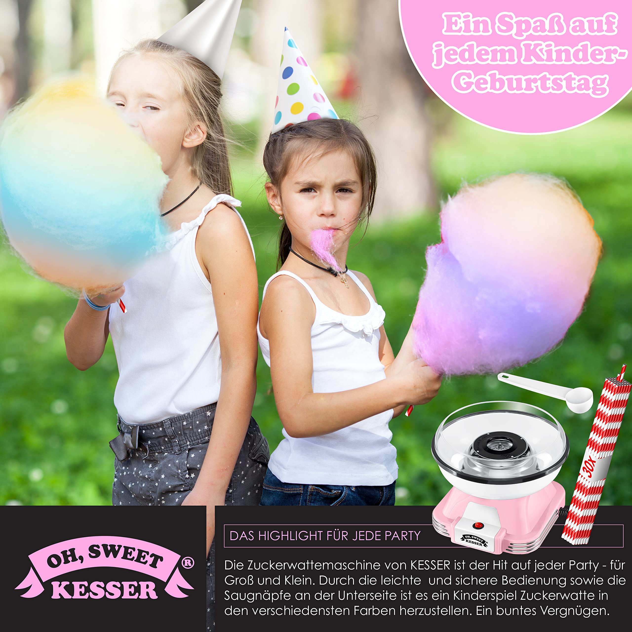 KESSER® Zuckerwattemaschine 500 W 22 cm Retro Cotton Candy Maschine Rosa Weiß Set