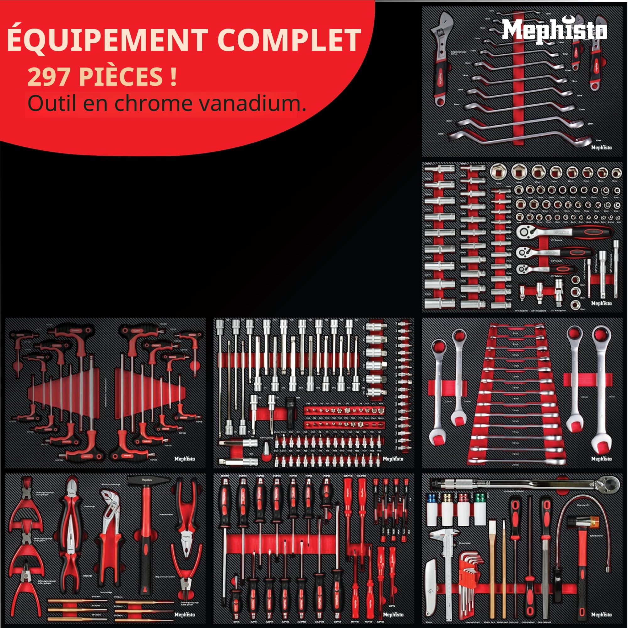 Mephisto XXL Wagon Outils Chariot Avec 7 Tiroirs Davon 7 Avec Outil En Soft Marqueterie En Carbon-Look Rempli Tiroirs Zzgl. Fixation supplémentaire avec Clé Réglable