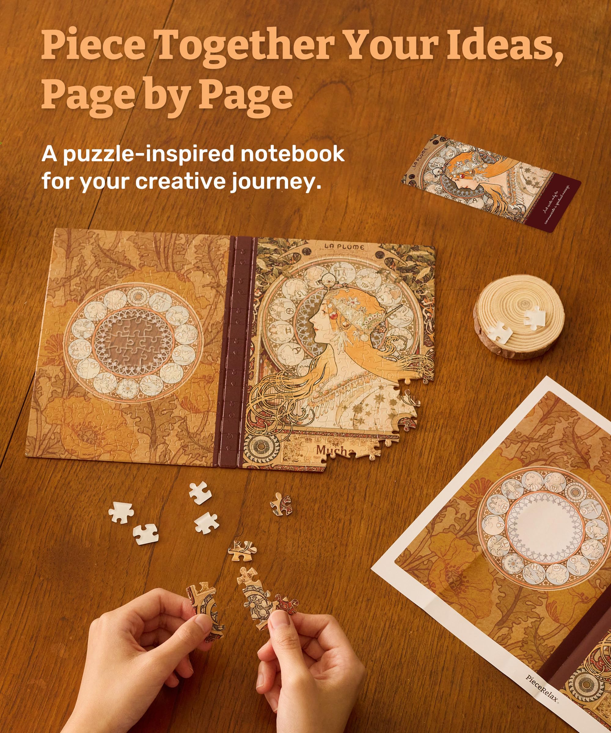 PieceRelax Puzzle Journal for Adults - Alphonse Mucha - Zodiac Unique A5 Book Cover Puzzles Gift & Home Décor with Plastic Jigsaw Puzzle Artwork for Notebook [YA1056]