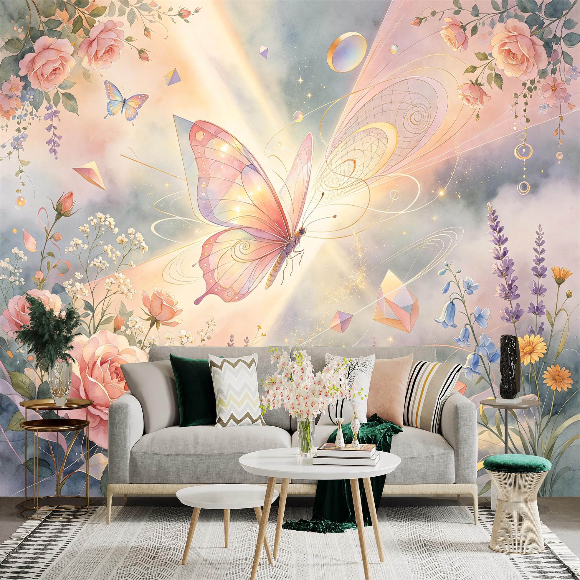 Custom Size Wall Sticker Mural， Ethereal Butterfly with Pastel Roses， Dreamy Floral Landscape， Glowing Light Rays， for wall Decoration， peelandstick wall Decals.