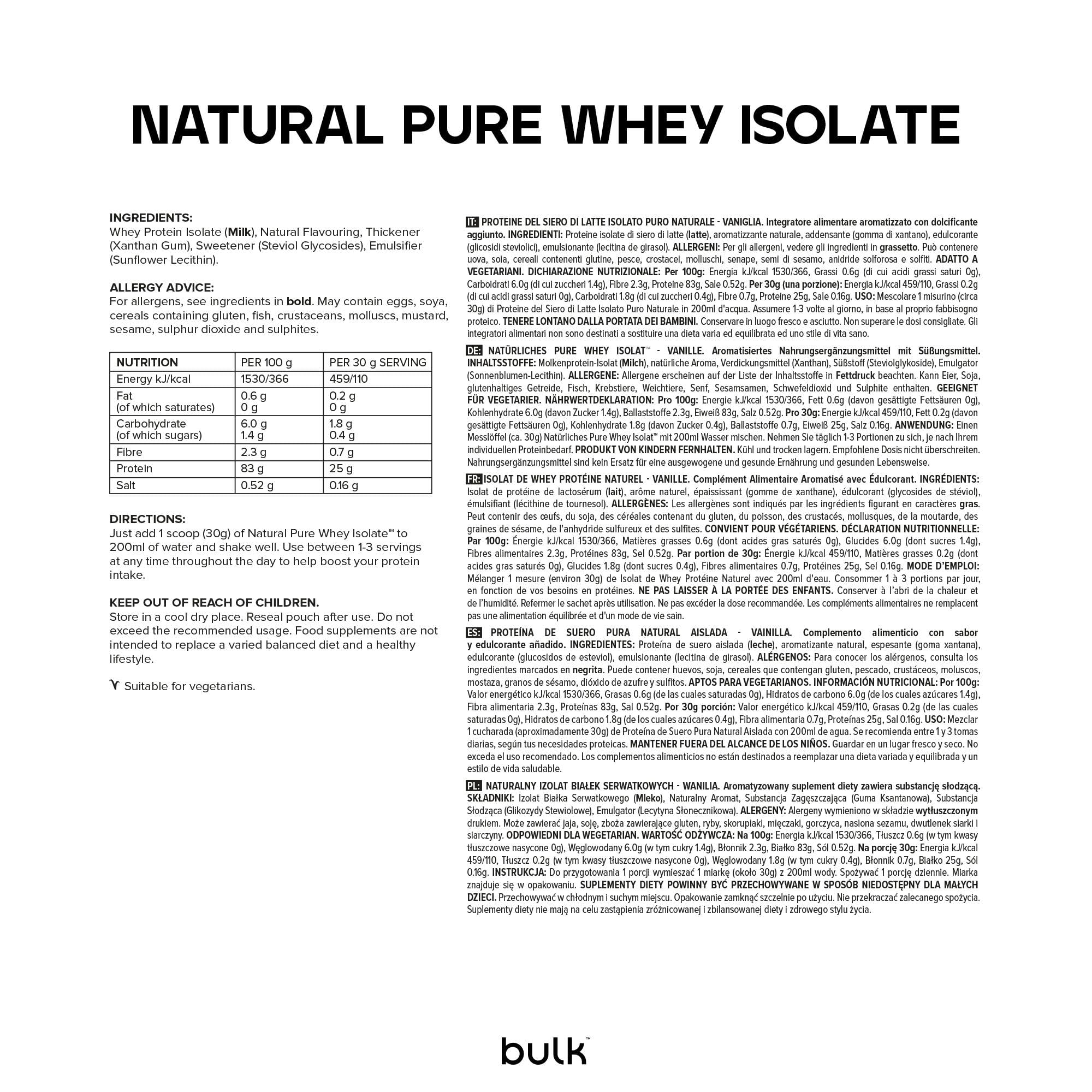 Bulk Natürliches reines Molkeproteinisolat, gesüßt mit Stevia, Vanille, 500 g, Verpackung Kann Variieren