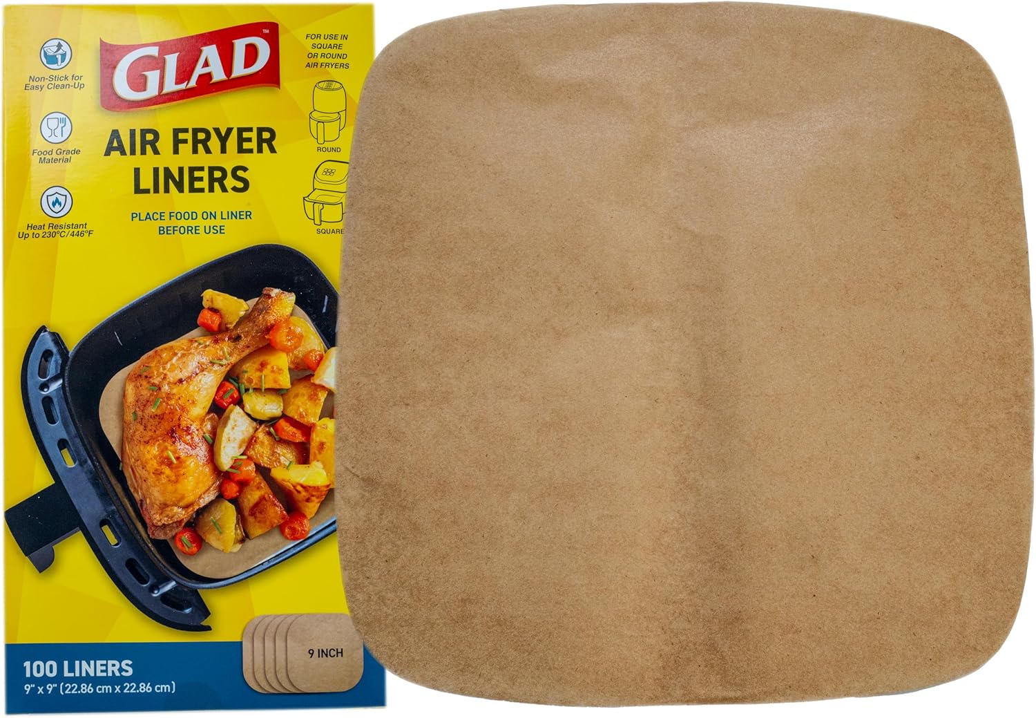Glad Air Fryer Liners, Nonstick and Heat Resistant, Food Grade Material, Suitable for Round and Square Air Fryers, Air Fryer Accessories, 9” x 9” – 100 Count Glad Air Fryer Liners, Nonstick and Heat Resistant, Food Grade Material, Suitable for Round and Square Air Fryers, Air Fryer Accessories, 9” x 9” – 100 Count