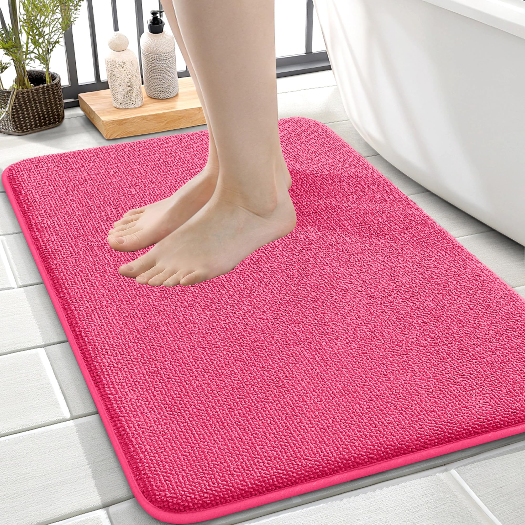 OLANLY Memory Foam Small Bathroom Rugs 24x16, Absorbent Bath Mat, Hot Pink