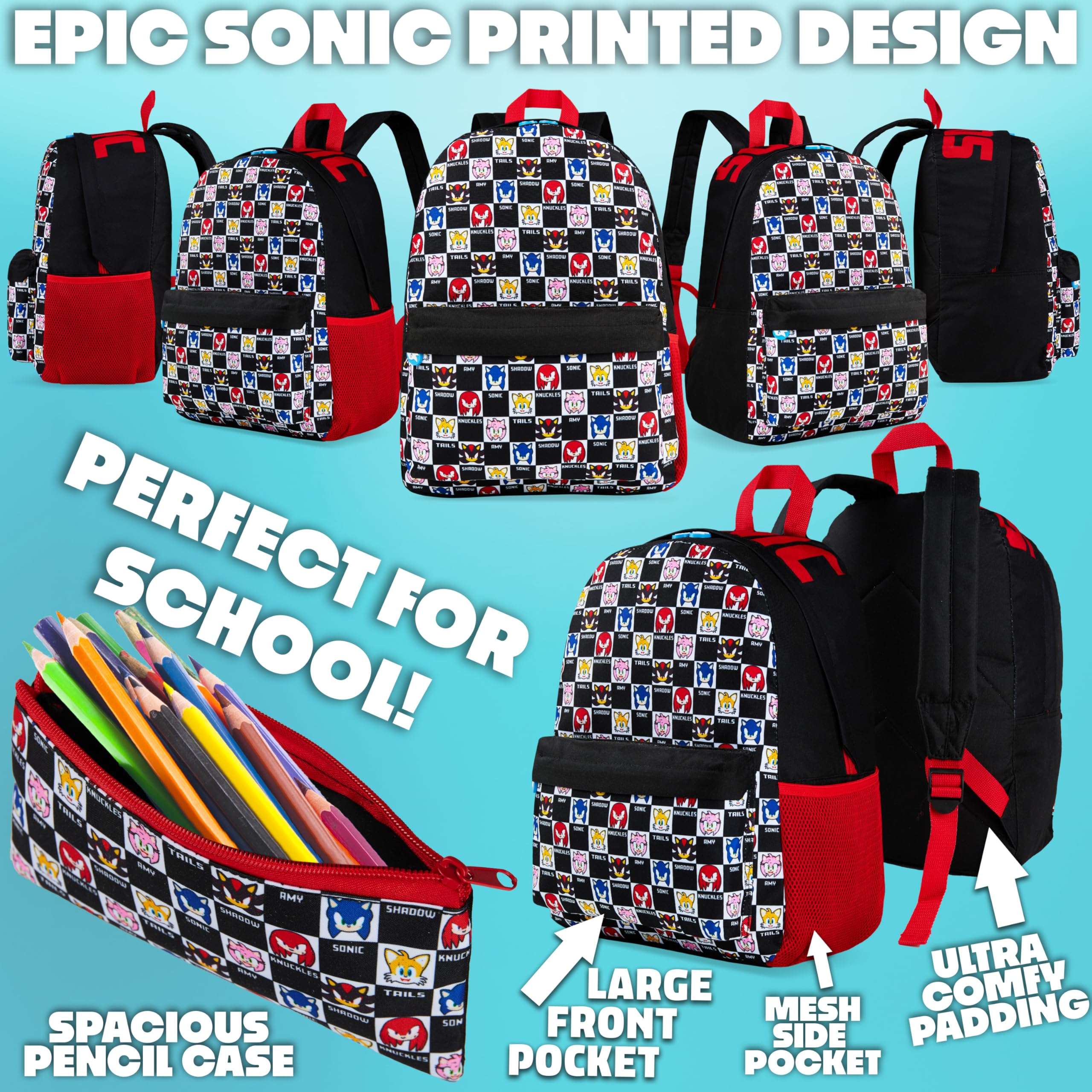 SONIC THE HEDGEHOG Sac à Dos Enfant Ensemble 4 Pièces avec Gourde Enfant 400ml Trousse et Sac Repas Isotherme École Shadow