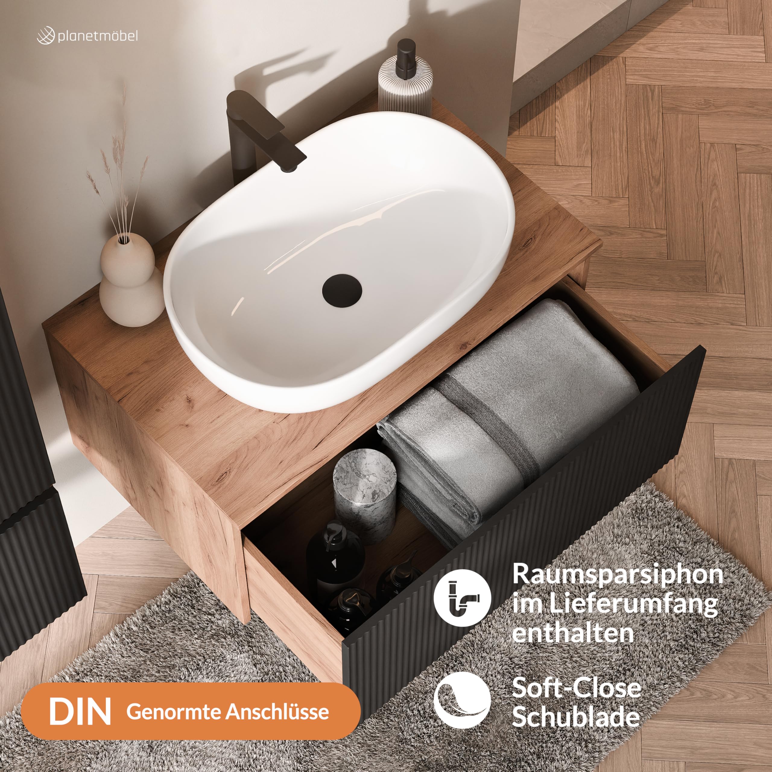 Planetmöbel Arisa Ensemble de meubles de salle de bain avec lavabo 80 cm chêne doré noir (strié), lavabo 60 cm blanc, avec siphon d'économie d'espace