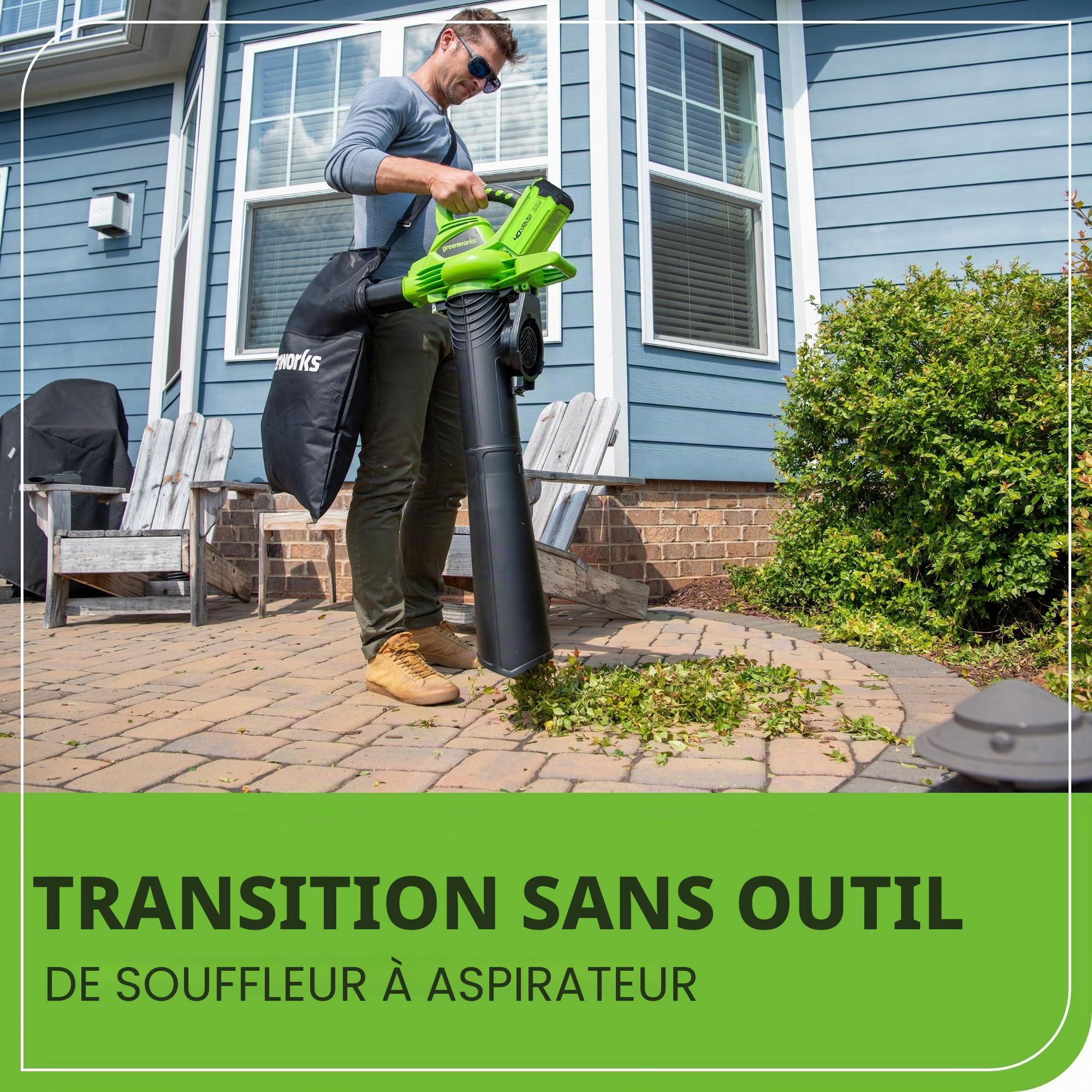 Greenworks GD40BV 40V Aspirateur Souffleur Sans Fil Sans Balais 280 km/h 9,63 m³/min Sac Mulching 45L