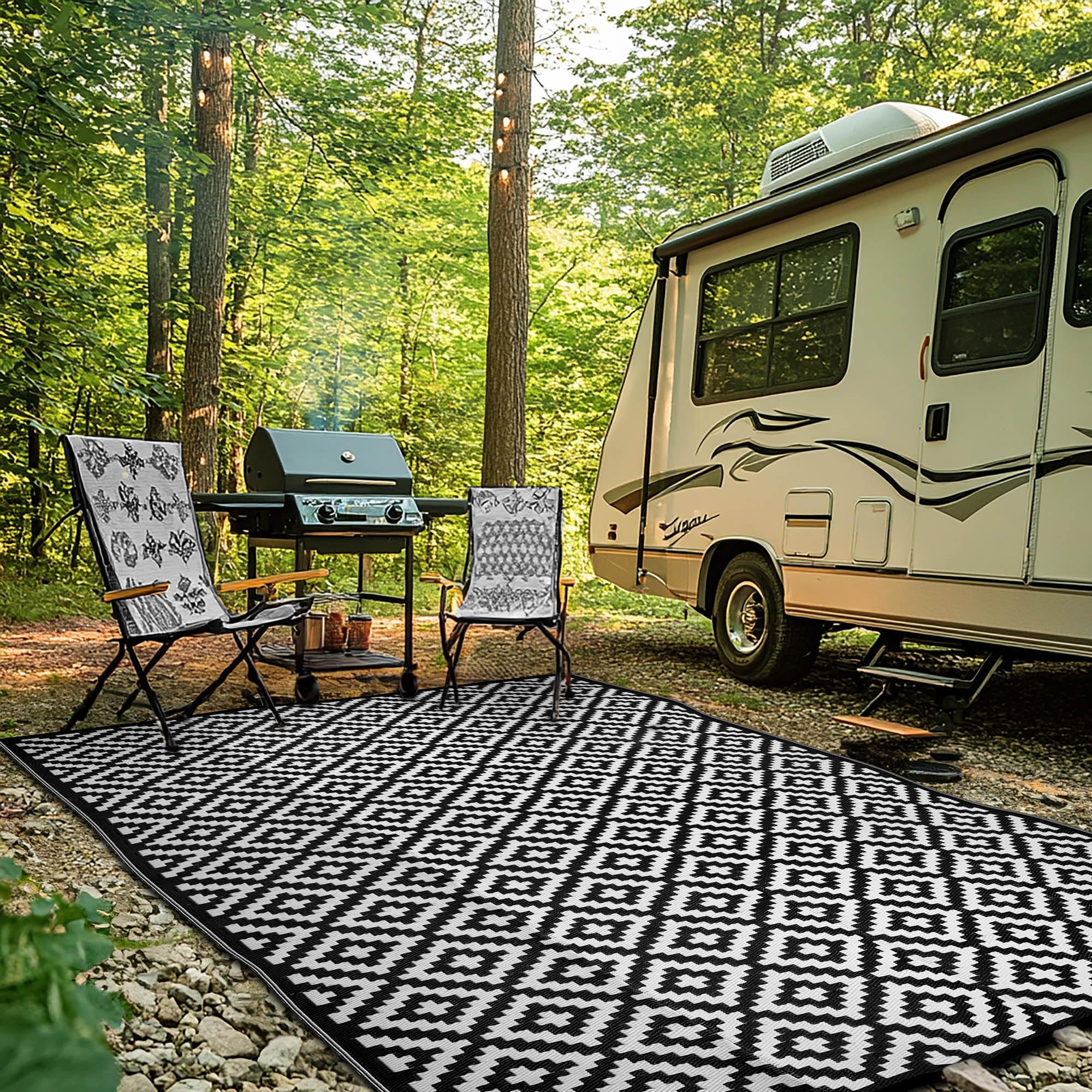 Shilucheng Tappeto Da Esterno Impermeabile 1,5x20,3 M - Reversibile In Plastica, Antimacchia, Asciugatura Rapida, Per Patio, Campeggio, Camper, Spiaggia, Picnic, Colore Nero/Bianco