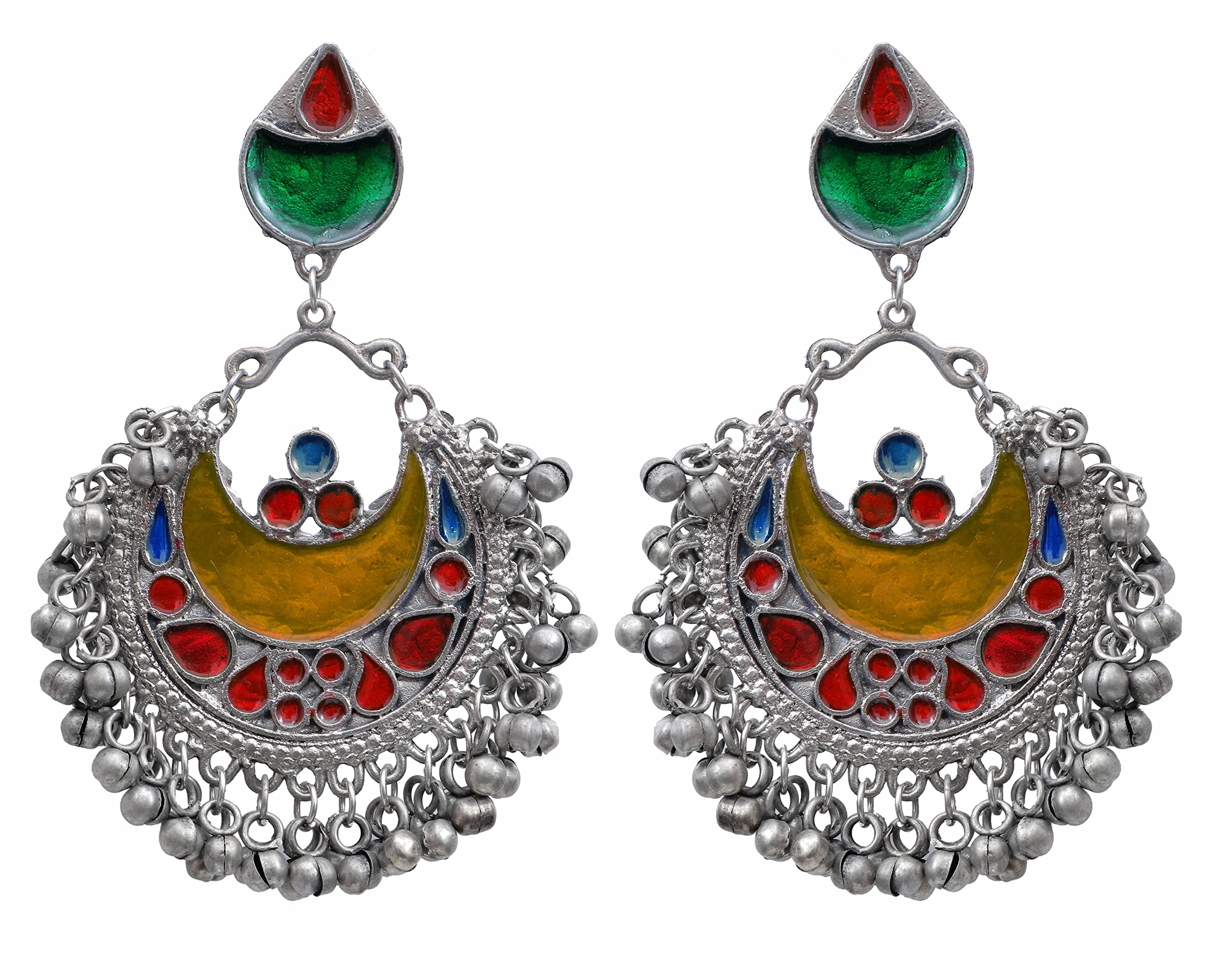 Ethnic Silver Oxidized Polish Designer Ghungroo Bells Fashion Gypsy Dangle Jhumka Earrings for Women Yellow