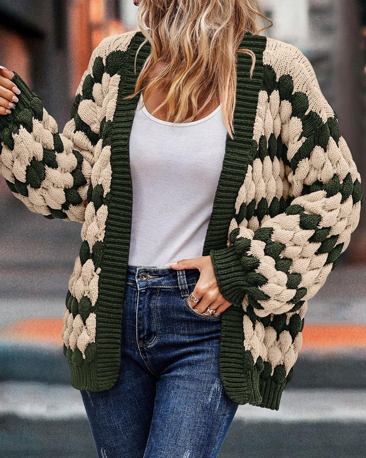 KIRUNDO Womens Cardigan Chunky Fall Fashion Lantern Sleeve Open Front Striped Color Block Cable Knit Winter Sweater Coats - Image 6