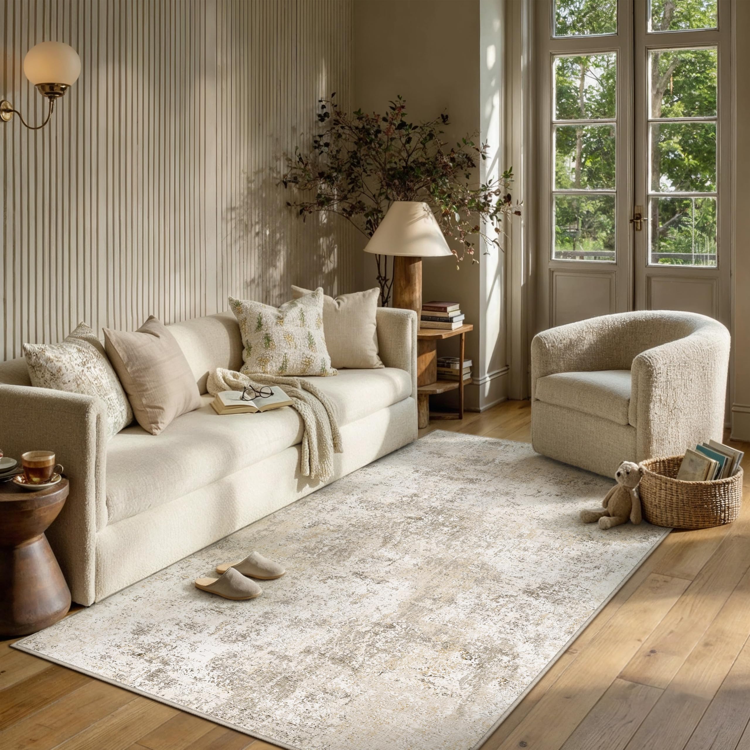 PureCozy Rugs Living Room Rug 120x170cm Beige Washable Non Slip Abstract Natural Neutral Modern Large Carpet Bedroom Lounge Bedside Kitchen Hall Low Pile Carpets