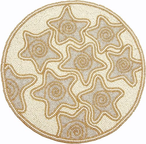 Mantel individual redondo hecho a mano con cuentas de marfil plateado de 13 pulgadas, elegante cargador elegante, hermoso tapete decorativo para