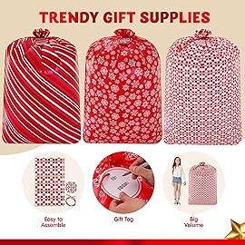 JOYIN 3 Large Red Christmas Plastic Gift Bags 56x36 with Gift Tags for Xmas Parties Giving, Xmas Holiday Jumbo Oversized Bag Party Favors Supplies, Gift Wrapper, Heavy Duty bags