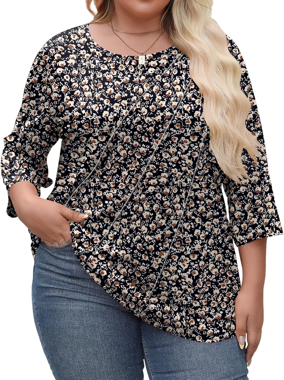LOMON Womens Plus Size Tops 3/4 Length Sleeve Womens Tops Pleated Crewneck Fall Shirts Summer Blouses 2026 (1X-5X) - Image 2