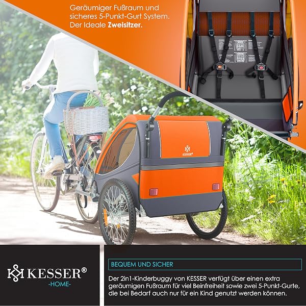 KESSER® Rimorchio per Bambini, ruotabile a 360°, con Sospensioni, 2in1 - Funzione Jogger/Rimorchio, Cintura a 5 punti, per 1 o 2 Bambini/max. 40kg - 5