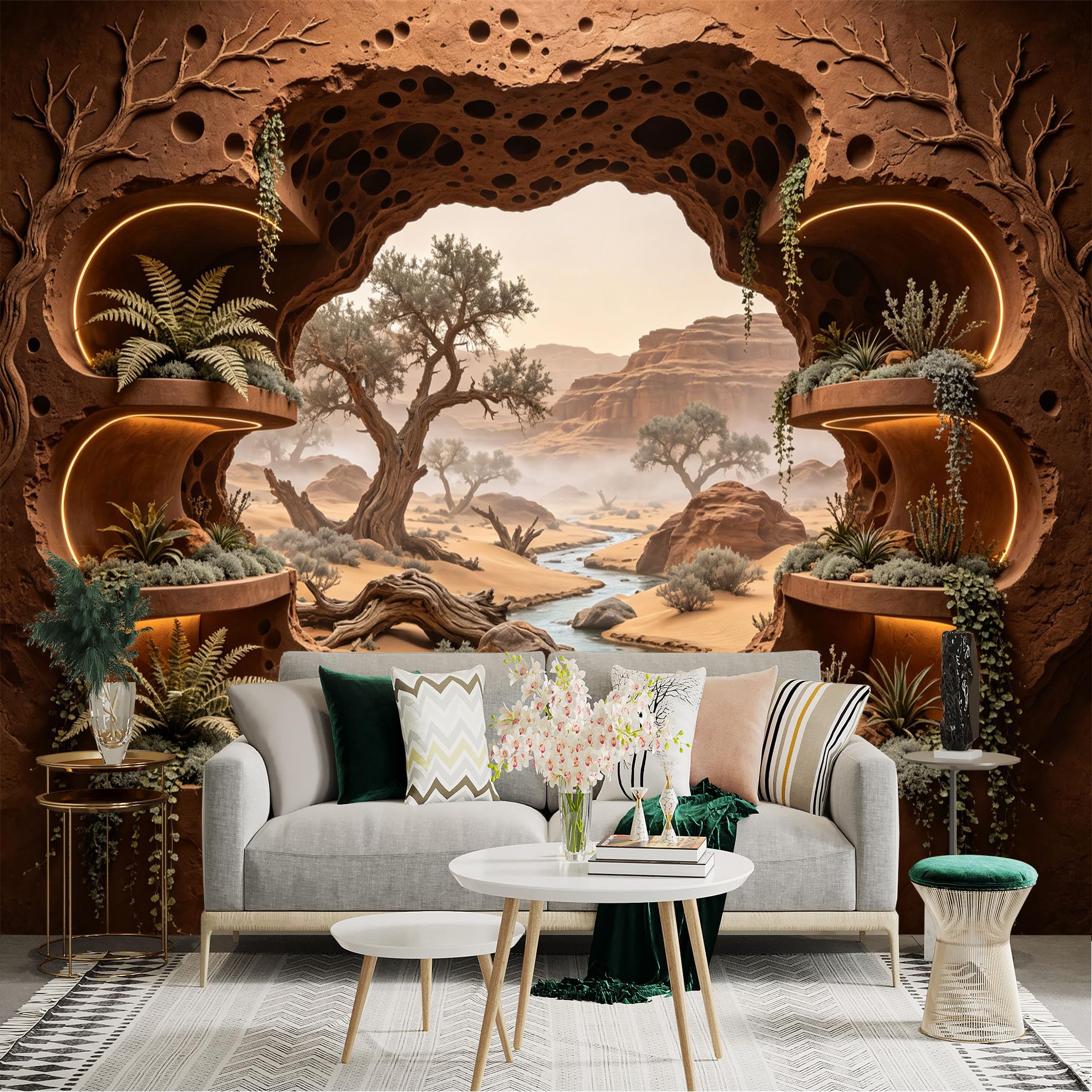 Custom Size Wall Sticker Mural， Desert Canyon with River， Trees and Succulent Plants， for wall Decoration， peelandstick wall Decals.