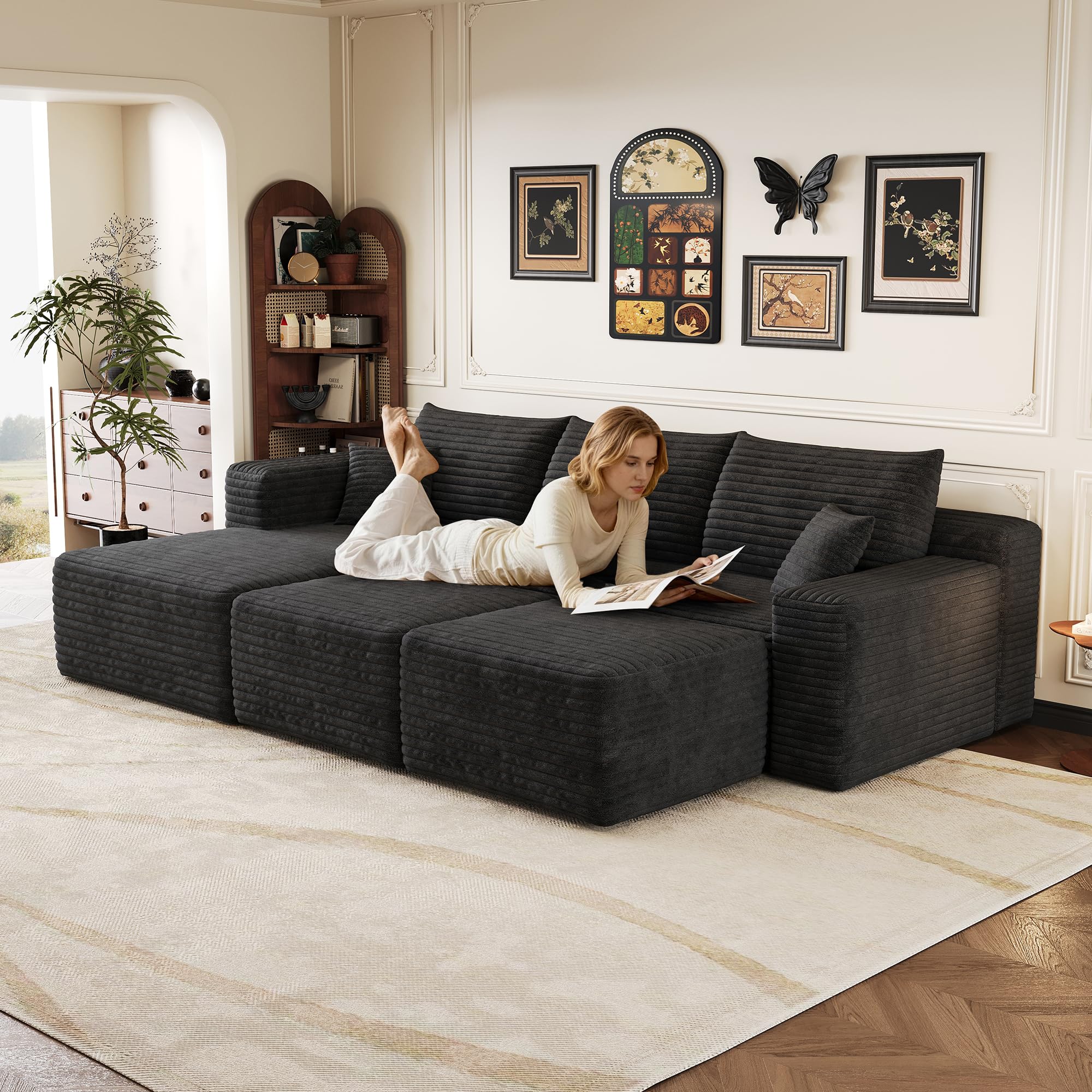 Luscriate Modernes Floor Sofa aus Cord, Modulares Schlafsofa mit Ottoman & 35D Memory Foam, Weiche Cloud Couch ohne Aufbau für Wohnzimmer, Schwarz (Black-Left, 4) Küche, Haushalt & Wohnen