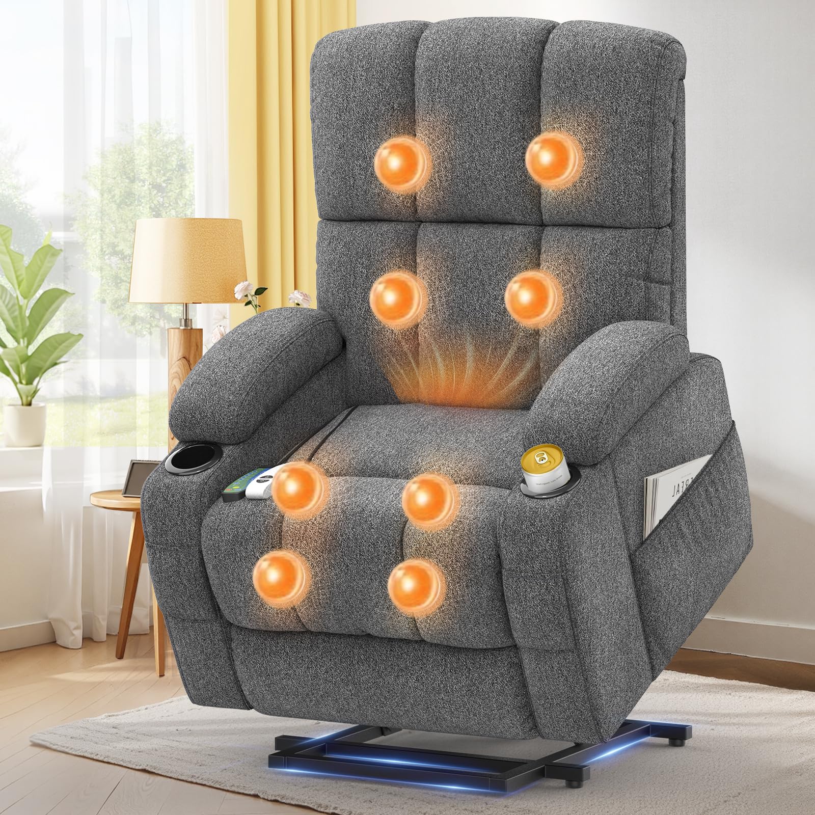 Massagesessel mit Aufstehhilfe, Relaxsessel & Fernsehsessel mit Massage- und Heizfunktion, USB + Typ-C Ladeanschlüsse, 4 Aufbewahrungstaschen & 2 Getränkehaltern, elektrischer Liegesessel für Wohnzimm