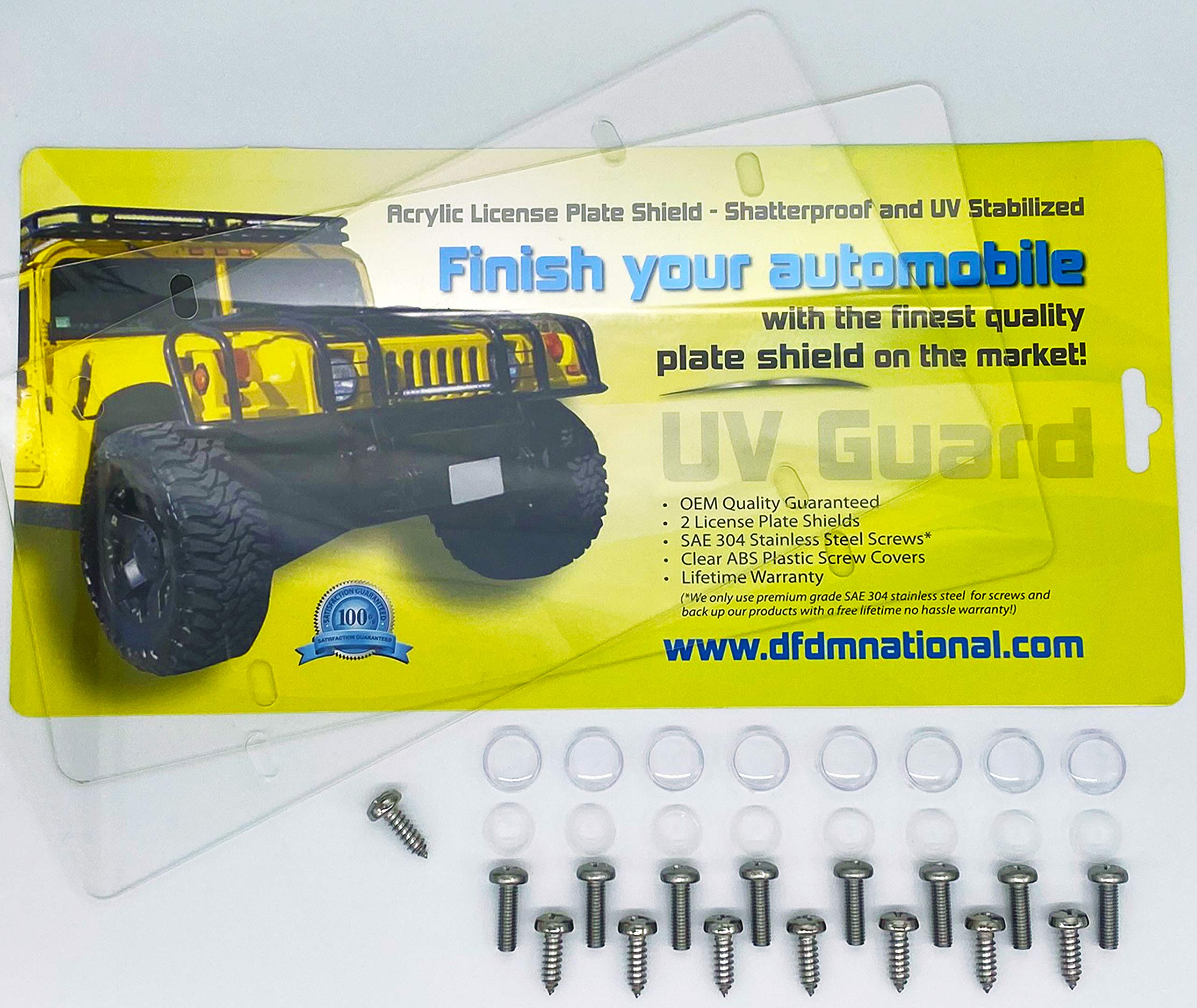 License Plate Frame Shield 4-Hole Shatter Proof Clear Acrylic Protector Includes Stainless Steel Hardware and Plastic Screw Caps 2 Pack Universal Fits Most US License Plate Frames by DFDM National