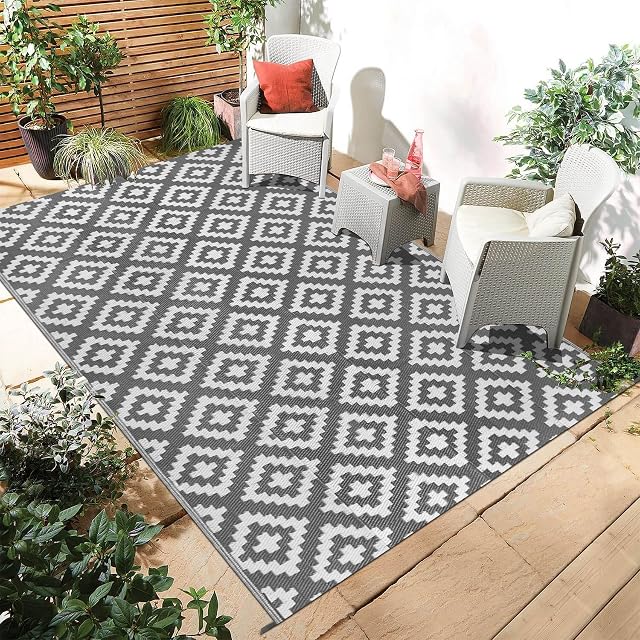 Homcomodar Outdoor Rug 150x245cm UV Resistant Camping Mat Reversible Mats Plastic Straw Rug Recycled Outdoor Rug for Patio Balcony Beach BBQ Deck(Grey)