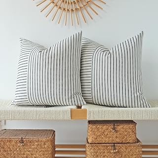 JOJUSIS Black and Beige Patchwork Farmhouse Pillow Covers 18x18 Inch, Pack of 2 Striped Linen Decorative Modern Accent Pillow Cases for Sofa Couch Bedroom 18 x 18